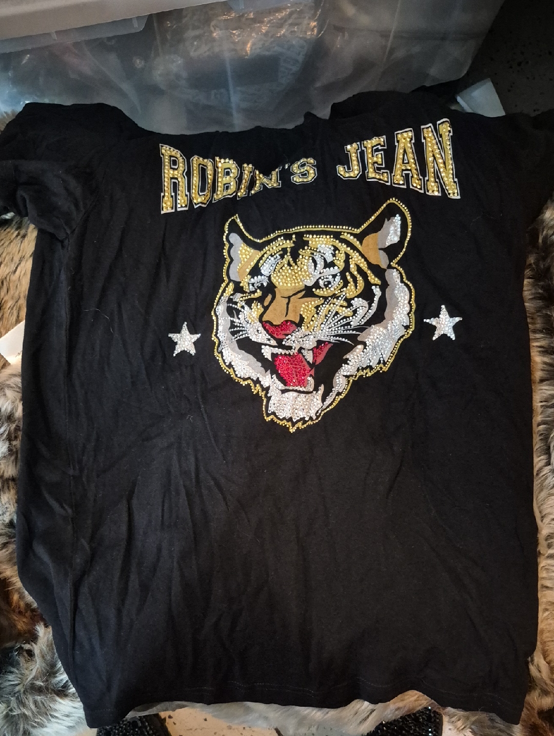 Robin's Jean Black Tee With Gold & Silver Tiger Graphic